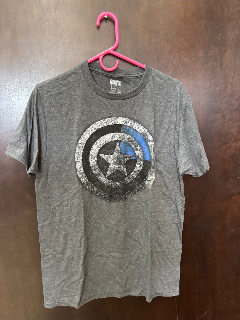 Marvel Men’s Gray Captain America Shield Tee with Blue Accent